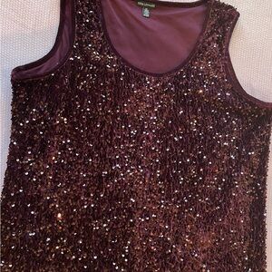 Nina Leonard Burgundy Sequin Tank and Long Sleeve Jacket.